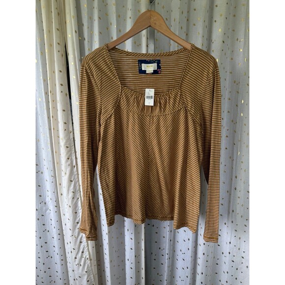 MaEve Anthropologie NWT Kenley Mini Pleats Neckline Stripe Long Sleeve Top L - Picture 3 of 8